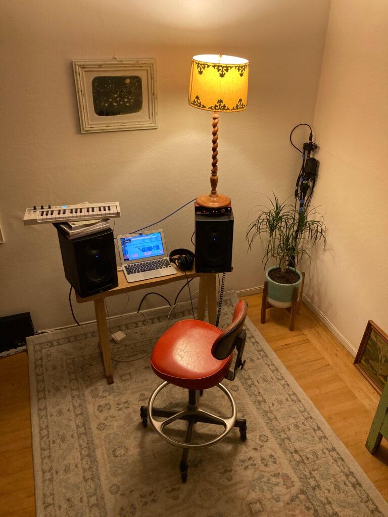 A photo of a comically small studio setup.