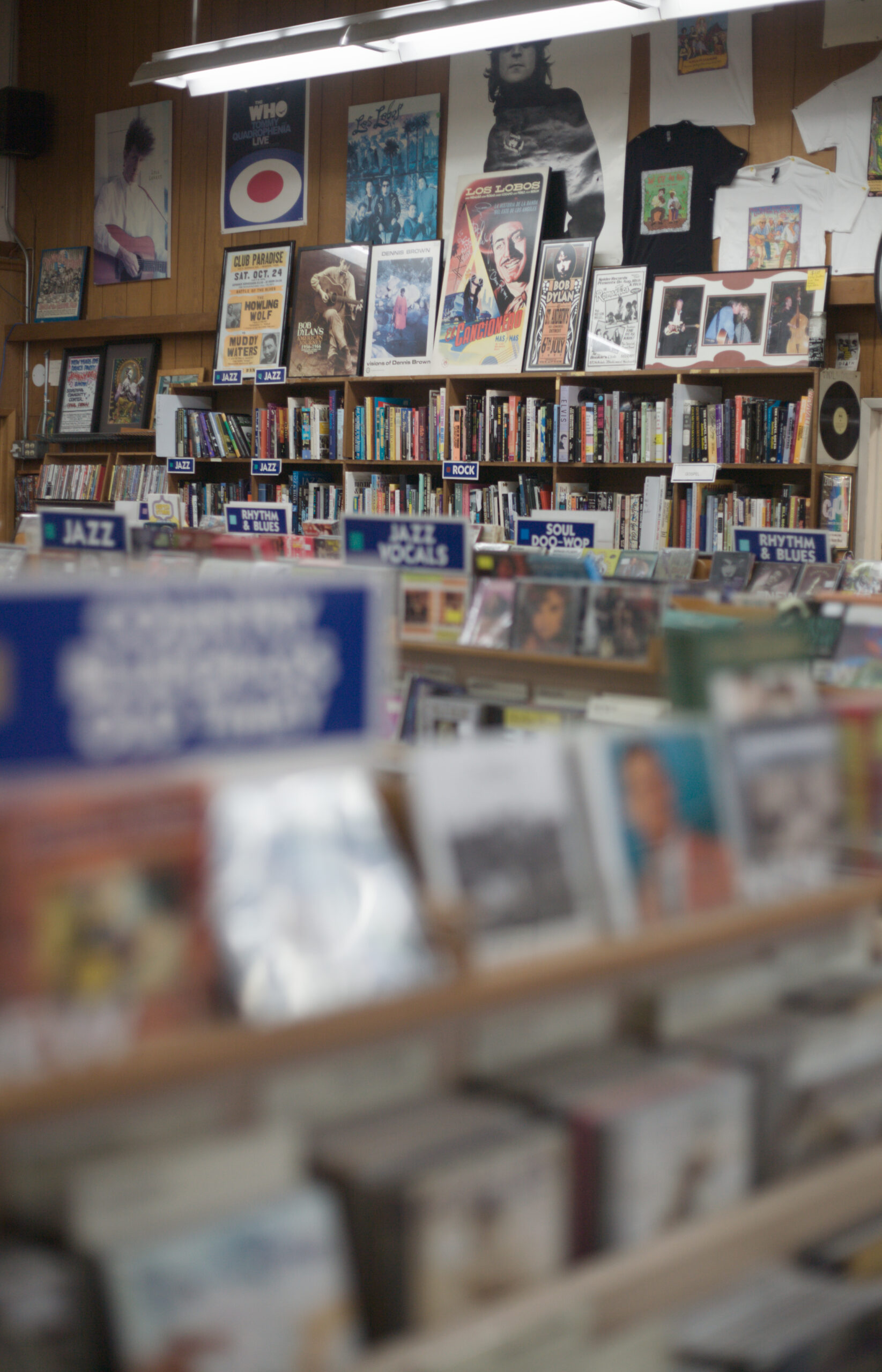 A photo of a record shops CD stacks.